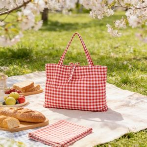 Sac fourre-tout en toile à bandoulière avec motif quadrillé, sac de shopping personnalisable avec logo, sac publicitaire réutilisable - Product Image 2
