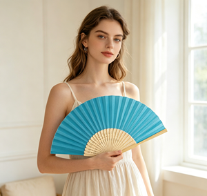 Ventilador de mano de tela de bambú con mango de bambú para novias, bodas y fiestas, superventas y económico - Product Image 6