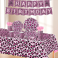 Vaisselle de fête jetable à imprimé léopard rose : Assiettes en carton, gobelets, serviettes, nappe, bannière, ballons, rideau, couverts, pompons