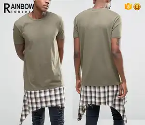 Streetwear Supplier Men Hip Hop Cotton Shredded Check Hem Extender Tall Extreme Longline T-shirt
