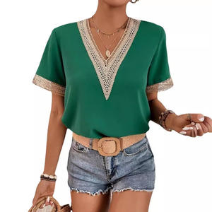 Blusa de Gasa para Mujer, Estilo Casual, Holgada, con Encaje, Manga Corta, Cuello en V, Cómoda, para Chicas, 2025 - Product Image 4