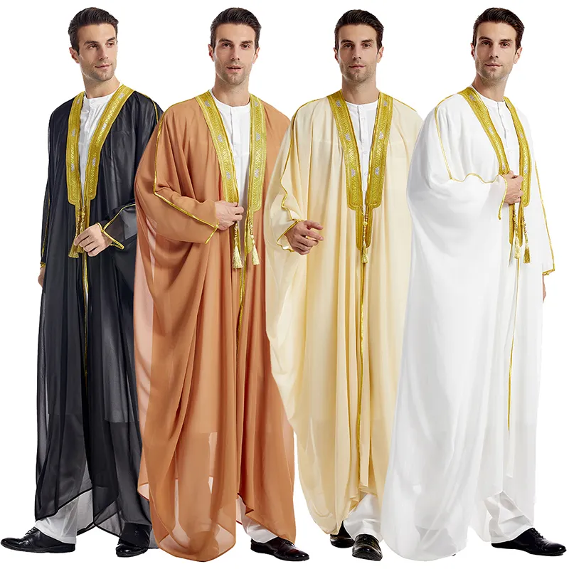 Ingrosso nuovo abbigliamento etnico islamico uomo Dubai ricamato a maniche lunghe Cardigan in Chiffon Abaya Thobe Eid Arabic festival