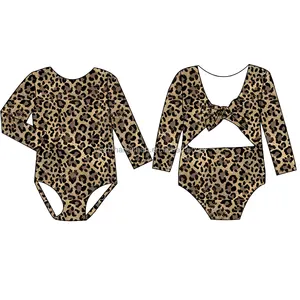Custom Summer Baby Girls Reversible Swimwear Leotard Printed Swim Fabric Long Sleeve Kids Baby Backless Knotted Swimsuits