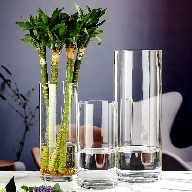 Simple épaissi Transparent verre cylindrique droit Vase sol haut Vase mariage décoration cheval ivre bois ornements