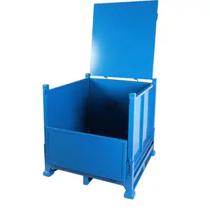 Caixa de paletes de aço galvanizado dobrável para armazenamento em armazém, metal resistente, empilhável durável
