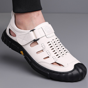 Men's <b>Closed</b> <b>Toe</b> Breathable Genuine Leather Flat <b>Sandals</b> Casual Summer Outdoor Shoes With Strap White Size 42 - Product Image 3
