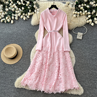 Robe midi élégante à manches longues, col montant, ceinture, ourlet en dentelle, pour femme, printemps automne, occasion formelle