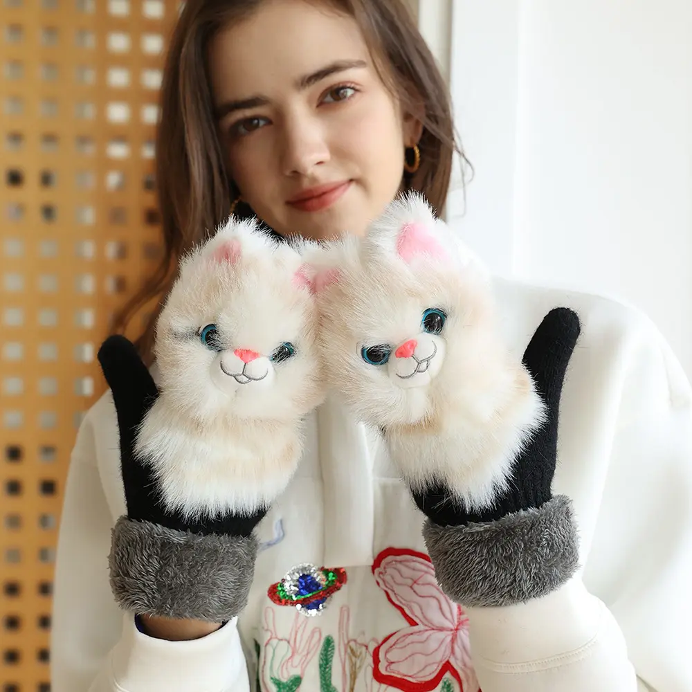 겨울 동물 토끼 모피 장갑 만화 귀여운 봉제 두꺼운 따뜻한 한국 스타일 장갑 여성용