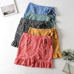 High street trendy design candy color floral print women summer short mini wrap skirt