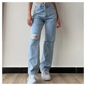 Groothandel Verontruste Denim Ripped Elastische Baggy Jeans Vrouwen Lange Broek