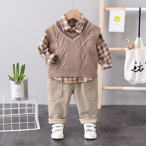 Vente en gros 2024 Automne Vêtements pour enfants Gilet en tricot <span class=keywords><strong>Chemise</strong></span> à carreaux Ensembles de vêtements pour garçons en coton à manches longues - Product Image 5
