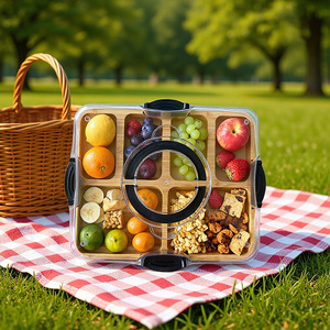 ถาดไม้ไผ่แบ่งช่องพร้อมฝาอะคริลิกสำหรับเสิร์ฟขนมหวาน ขนมอบ และซูชิ - Product Image 2