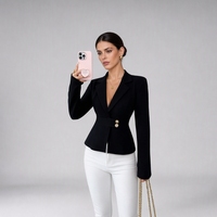 Blazer décontracté pour femme, élégant, uni, col en V, en maille texturée, anti-rétrécissement, avec boutons roses, ceinture à la taille, coupe ajustée, idéal pour le bureau