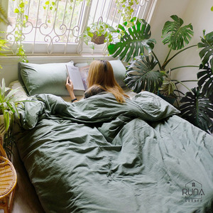 Wholesale Premium Green Cotton <b>Bedding</b> Stone-Washed <b>Set</b> 4 Pieces Lightweight Soft Breathable For All-Season Custom Size Color - Product Image 4