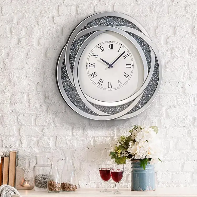 Irregular Crystal Sparkle Twinkle Bling Battery Operated Non-Ticking Silent Modern Silver Crushed Diamond 3D Wall Mirrored Clock
