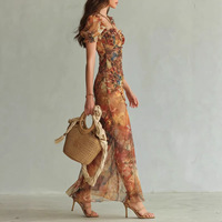 Robe d'été tendance pour femme, col carré, imprimé, manches lanternes, ourlet fendu, idéale pour les sorties et les voyages, vente en gros