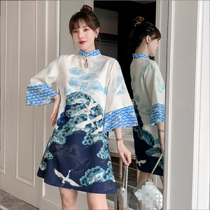 Robe de tempérament de dame imprimée à l'encre de style chinois M-4XL nouveau printemps et été jupe <span class=keywords><strong>Ruyi</strong></span> améliorée montre jeune Cheongsam - Product Image 3