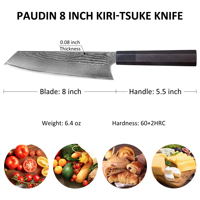 Couteaux professionnels en acier damas de 8 pouces, manche en bois d'ébène japonais, cuisine asiatique de cuisine de légumes Kiri-tsuke