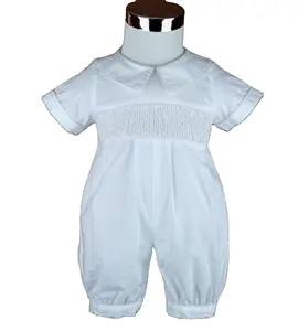 New Customized Baby Boy Onesie Climbing Suit Infant lapel Short Sleeve Hand Smocked Jumpsuit Infant Cotton Bubble Romper