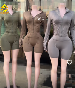 Set Celana Pendek Biker Musim Panas Fashion Wanita Jaket Resleting Lengan Panjang 2 Potong Set Celana Pendek Wanita - Product Image 1