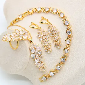 Luxury White Zirconia Gold jewellery Set for Women ladies jewelry sets Bracelet Earrings Necklace Pendant Ring Birthday Gift