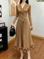 Robe Vintage Élégante à Col en V, Ornée de Perles Tissées, Plissée, à Manches Longues et Volants, Écologique, Lavable, Respirante et Infroissable