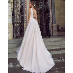 V Neck White Knitted Backless A Line Wedding Dress Natural Waist Off White Polyester Fiber - Product Image 2