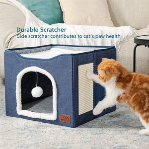 Maison pour chat Hongfei avec griffoir, lit pliable pour animaux de compagnie, nid douillet et chaud pour chats d'intérieur, avec jouet et griffoir latéral durable - Product Image 1