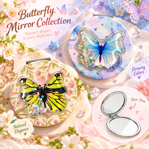 Espejo Compacto Vintage con Diseño de Mariposa 3D, Líquido Flotante con Estrellas y Purpurina, Estilo Botánico Floral - Product Image 1