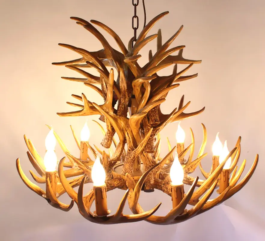 Nordic antique deer antler resin kitchen decorative candle LED pendant lighting rustic ceiling wooden chandelier Creative