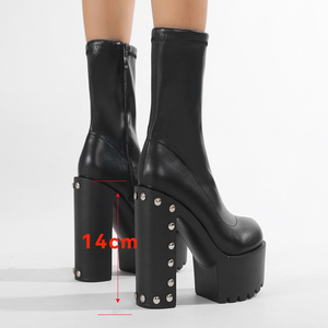 XSD New Round Head Leather Party Heels Black for Boots with Thick Heel and Bottom <b>Ankle</b> Height Boots for Autumn - Product Image 4