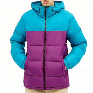 Blouson matelassé à capuche pour homme, coupe-vent, color block, fermeture éclair, décontracté, hiver, polyester, coupe classique - Product Image 1