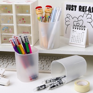 Porte-stylo rond en plastique transparent givré, organisateur de bureau blanc pour le rangement de la papeterie des étudiants - Product Image 2