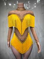 Body sexy en résille transparente noire avec strass et franges, tenue de scène pour chanteuse, danseuse, spectacle, fête, soirée, club