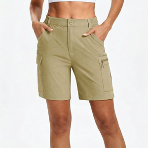 Women's High Waist Cargo Shorts Solid Olive Green Quick Dry Polyester Casual Pants With Pockets Button Fly Regular Fit Shorts - Product Image 1