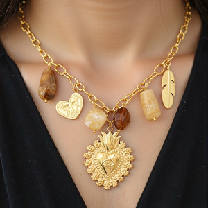 สร้อยคอสแตนเลส จี้รูปหัวใจ สีทอง โซ่คล้องไหปลาร้า จี้รูปขนนก เครื่องประดับแฟชั่น - Product Image 1