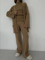 Ensemble tricoté sur mesure pour femme en laine et cachemire, automne-hiver, col roulé, pantalon long, décontracté, 3 pièces, coupe oversize