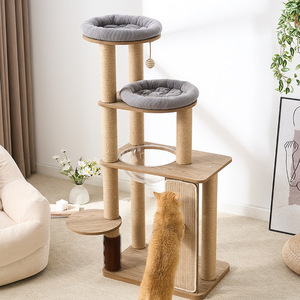 Árbol para gatos de 4 niveles de madera de nogal con postes rascadores y cama para gatos grandes - Product Image 4