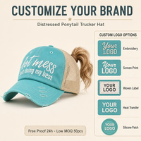 Casquette de baseball pour femme style trucker à queue de cheval effet vieilli, dos en maille, brodée, réglable, logo personnalisé, OEM, vente en gros, faible MOQ