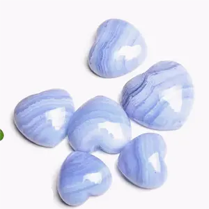 뜨거운 판매 천연 블루 레이스 마노 광택 양면 심장 천연 크리스탈 보석 보석