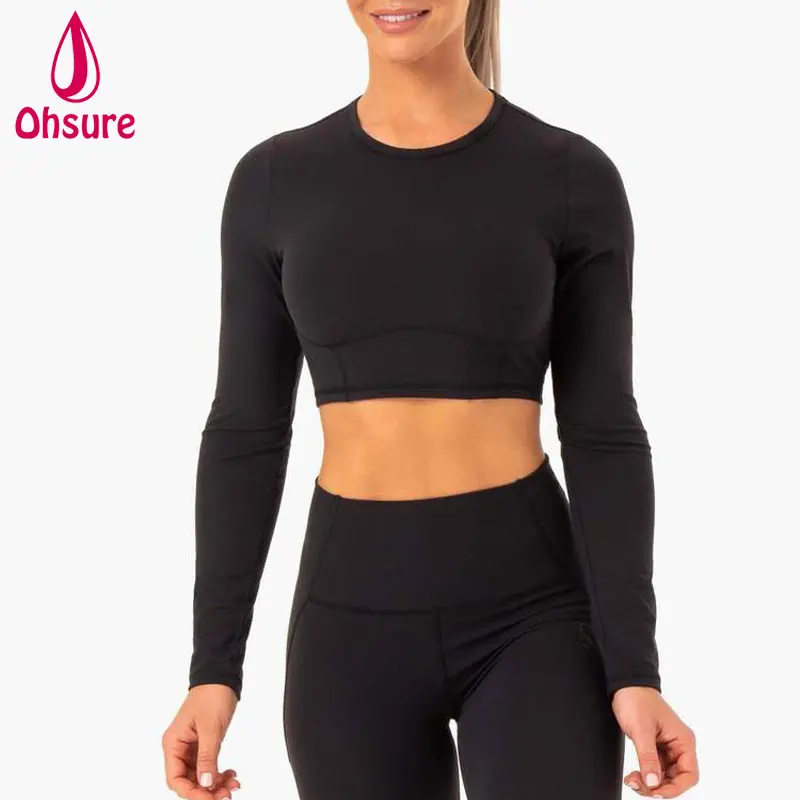 Wholesale Custom Logo Soft Quick Dry Sports 2-pieces Tops Fitted Long Sleeve T-Shirt Women Fitness Gym Yoga Cropped Top