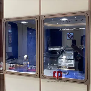 Jóias De Luxo Armário De Exibição Personalizado Azul Redondo Do Relógio De Metal Exibição De Vidro Vitrine Loja De Jóias Vitrine De Móveis