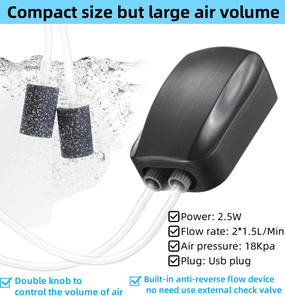 Nieuwste 2025 2-gaats dubbele knop verstelbare luchtpomp voor <span class=keywords><strong>aquarium</strong></span> zuurstofpomp met ingebouwde terugslagklep voor visbak - Product Image 6