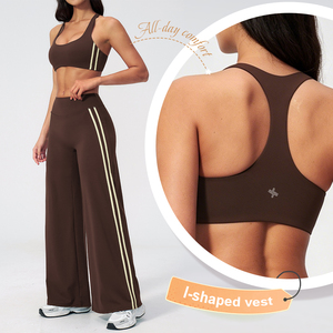 Ensemble de yoga deux pièces : pantalon large à double bande latérale personnalisée et soutien-gorge de sport à col rond taille haute avec contrôle du ventre - Product Image 4