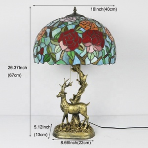 LongHuiJing European 16Inch Tiffany Dome <b>Table</b> <b>Lamp</b> with Rose Flower Stained Glass Lampshade and Deer Resin <b>Base</b> AC LED 2700K - Product Image 6