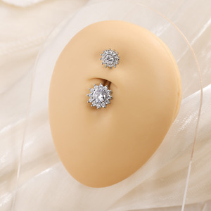 Elegante Juego de Anillos para Ombligo de Acero Inoxidable para Mujer, Diseño de Flor con Piedra Natural, Joyería Plateada para Piercing Corporal - Product Image 4