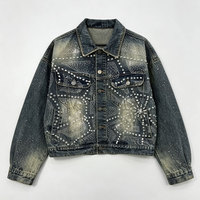 Veste en jean épais à épaules tombantes, design personnalisé, en denim vintage délavé au soleil, en coton, à manches longues, avec strass et col rabattu
