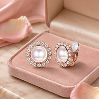 Anting Jepit Kristal Mutiara Merah Muda Berhias Berlian Imitasi Warna Rose Gold Tanpa Tindik Perhiasan Pengantin Wanita untuk Hadiah