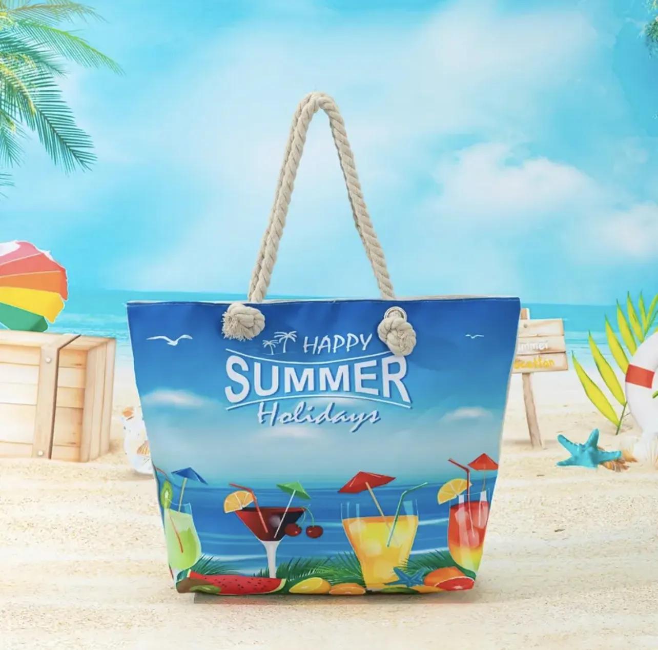 Bolso de compras con logotipo personalizado al por mayor, bolso de lona para viajes, vacaciones, chica, verano, turista, playa, recuerdos, playa, bolso de mano con cremallera