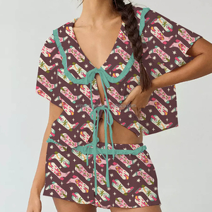 Mùa hè Aztec in xù BOW TIE phía trước ngắn tay áo sơ mi quần short hai mảnh Pajama đặt phụ nữ - Product Image 1